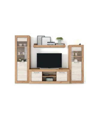 Conjunto de muebles de salón en color madera natural con acabados en madera blanco nordic