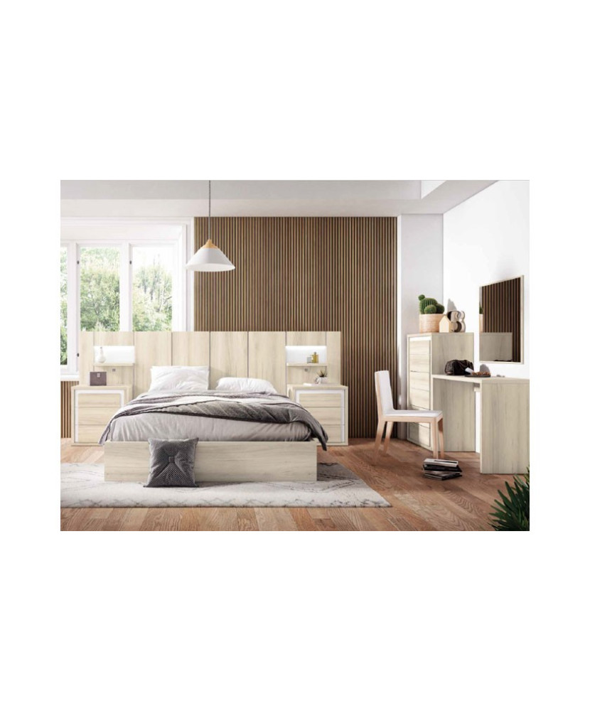 Dormitorio completo en color madera shamal con acabados en madera blanca mate