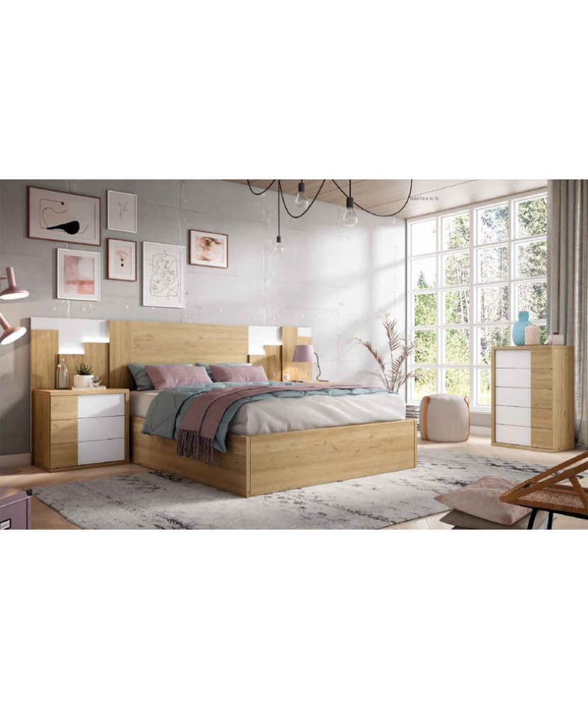 Dormitorio completo en color madera natural con acabados en madera blanca mate