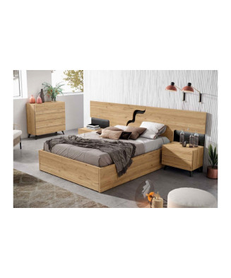 Dormitorio completo en madera natural con acabados en madera negro bocamina