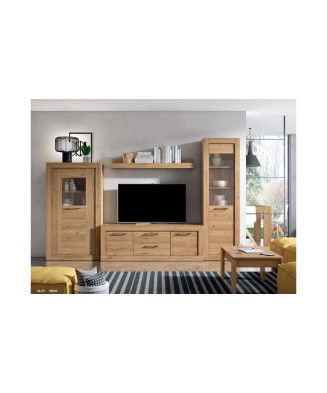 Conjunto de muebles de salón compuesto por mueble de TV con cuatro cajones y dos armarios en color madera natural