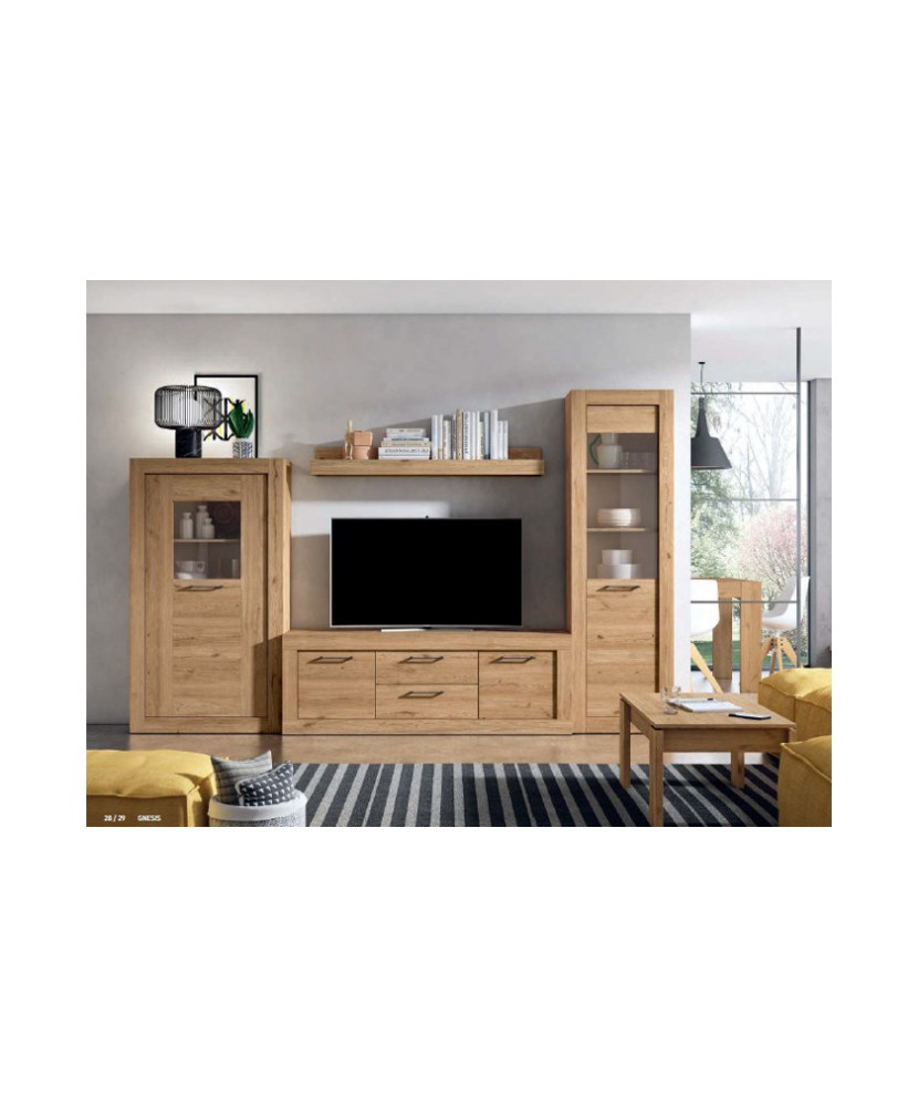 Conjunto de muebles de salón compuesto por mueble de TV con cuatro cajones y dos armarios en color madera natural