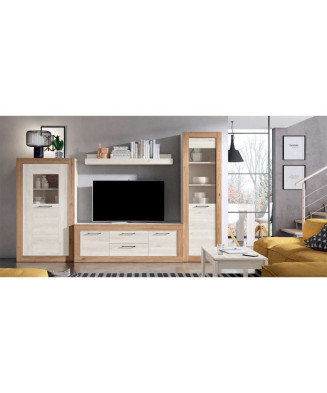 Conjunto de muebles de salón compuesto por mueble de TV con cuatro cajones y dos armarios en color madera blanco nordic