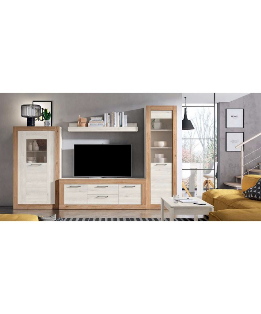 Conjunto de muebles de salón compuesto por mueble de TV con cuatro cajones y dos armarios en color madera blanco nordic