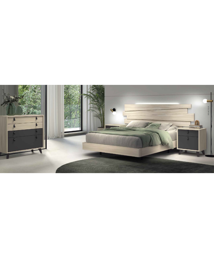 Dormitorio principal con moderno cabecero y dos mesitas en tono Taiga y carbono