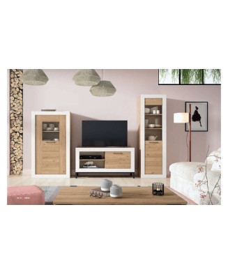 Conjunto de muebles de salón compuesto por mueble de TV con un cajón y dos armarios en color madera blanco mate