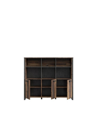 Consola en varios tonos de madera con tiradores metálicos