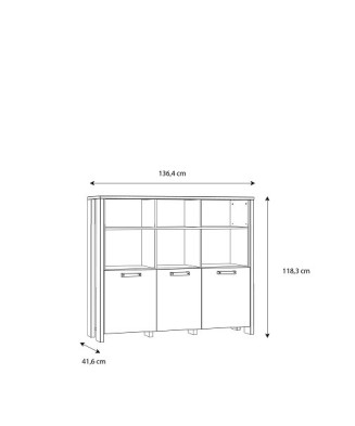 Consola en varios tonos de madera con tiradores metálicos