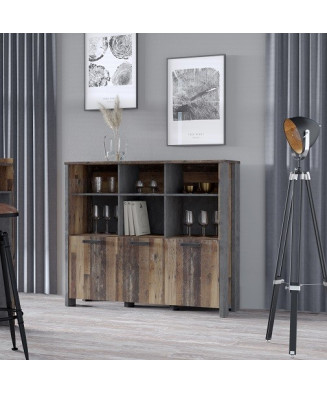 Consola en varios tonos de madera con tiradores metálicos