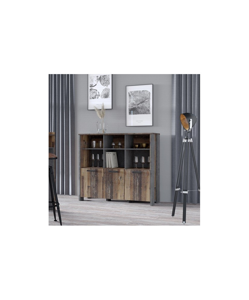 Consola en varios tonos de madera con tiradores metálicos