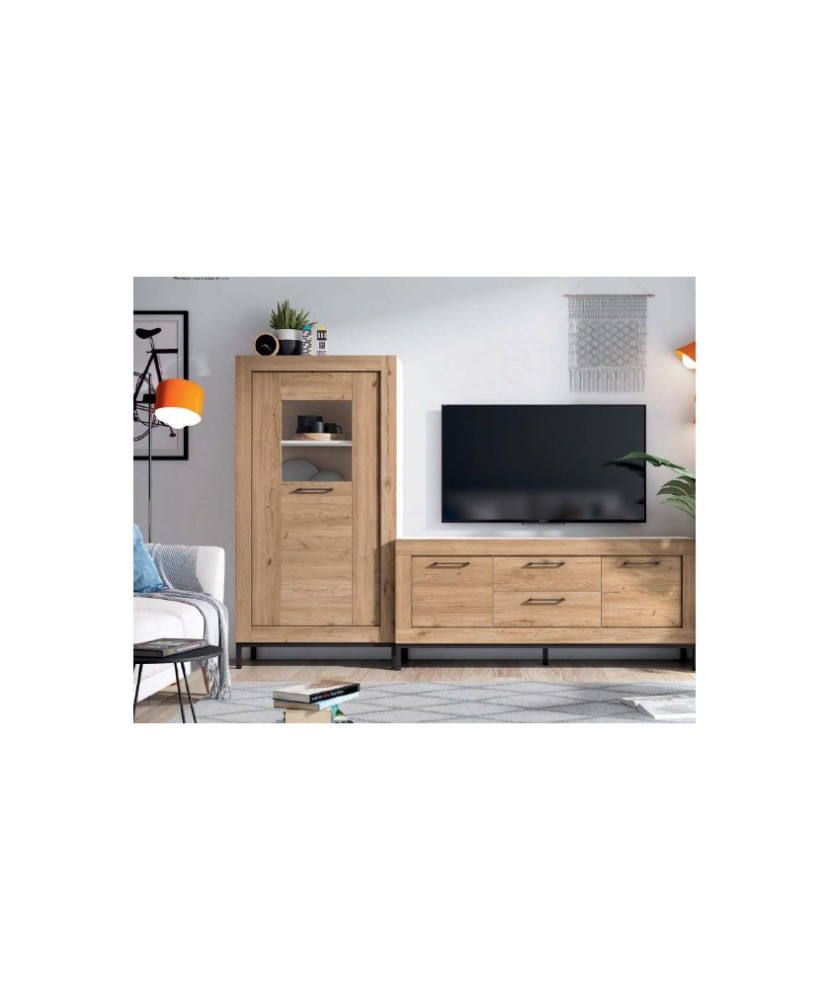 Conjunto de muebles de salón compuesto por mueble de TV con cuatro cajones y un armario en color madera natural