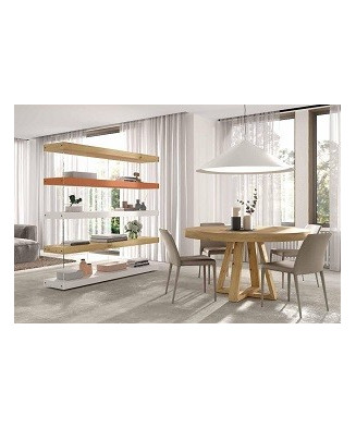 Mesa de comedor redonda y estantería con metacrilato