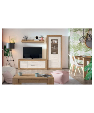 Conjunto de muebles de salón en color madera natural con acabados en blanco nordic