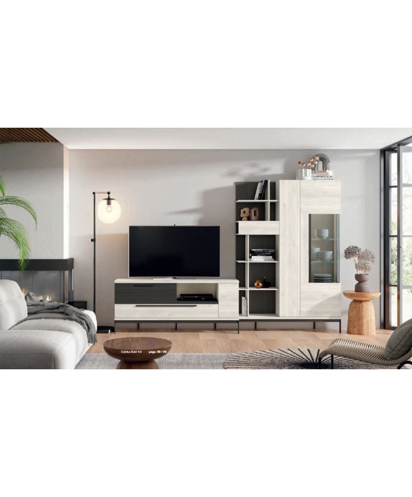 Mueble de comedor con estantería y vitrina en color blanco nordic