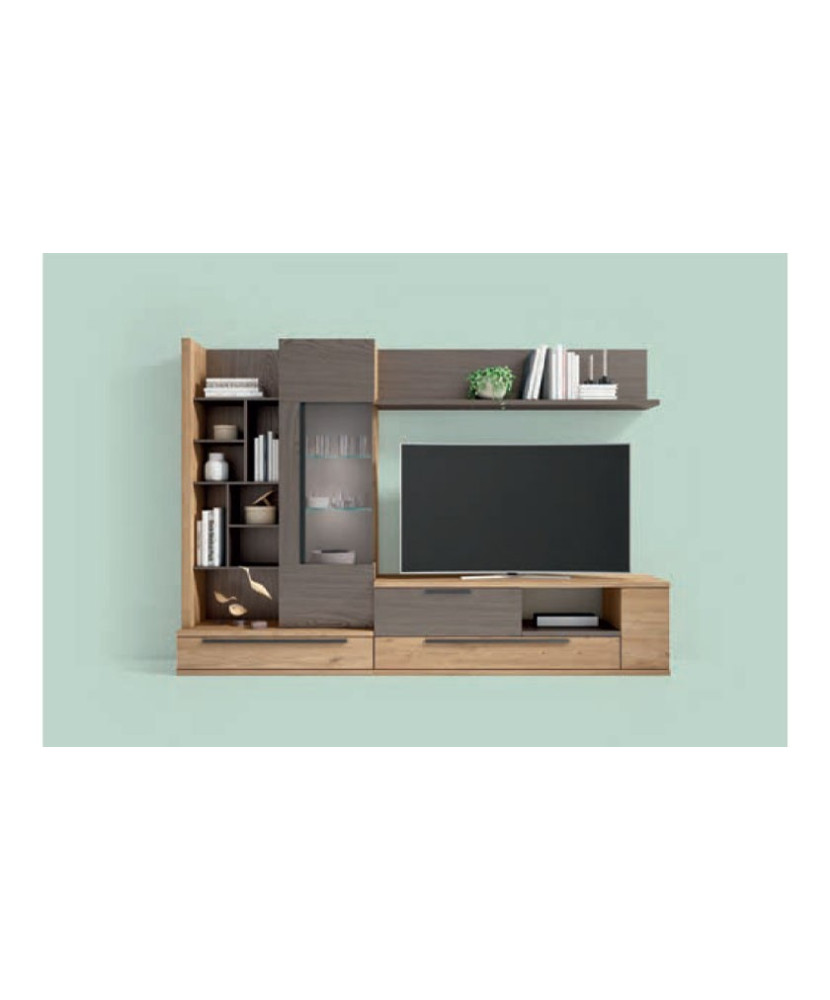 Mueble de comedor con estantería y vitrina en color madera natural