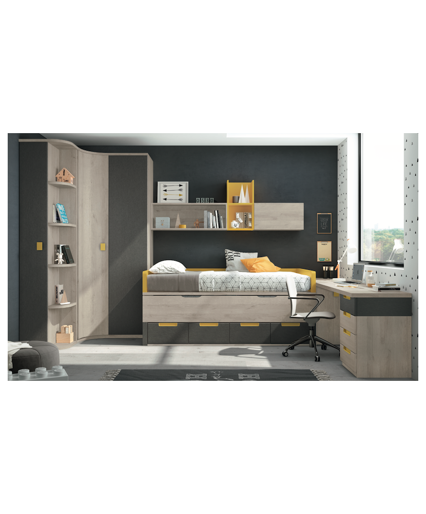 Dormitorio juvenil completo con modulos ocre