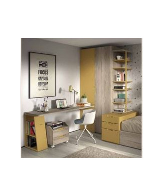 Dormitorio juvenil completo con somier de arrastre y mesa en tonos mostaza Dormitorio juvenil completo con somier de arrastre y mesa en tonos mostaza