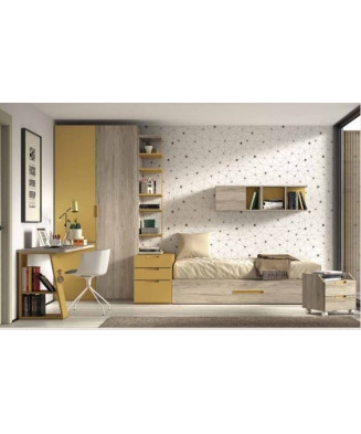 Dormitorio juvenil completo con somier de arrastre y mesa en tonos mostaza