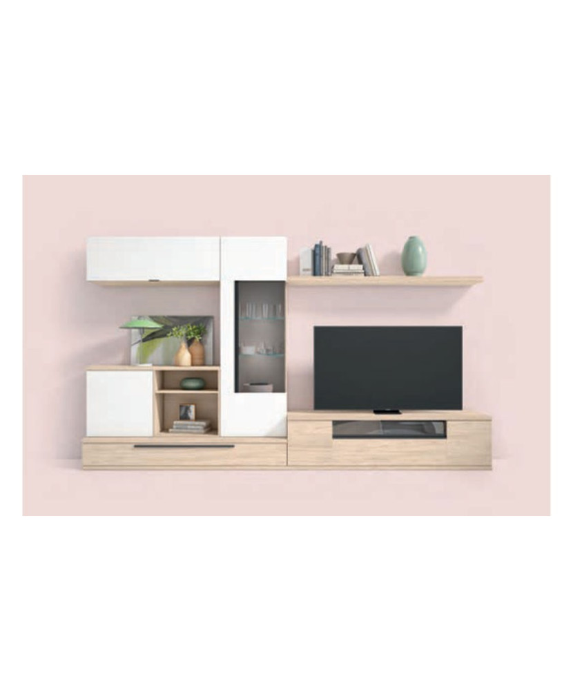 Mueble de comedor con estantería y vitrina en color madera nude con acabados en blanco mate