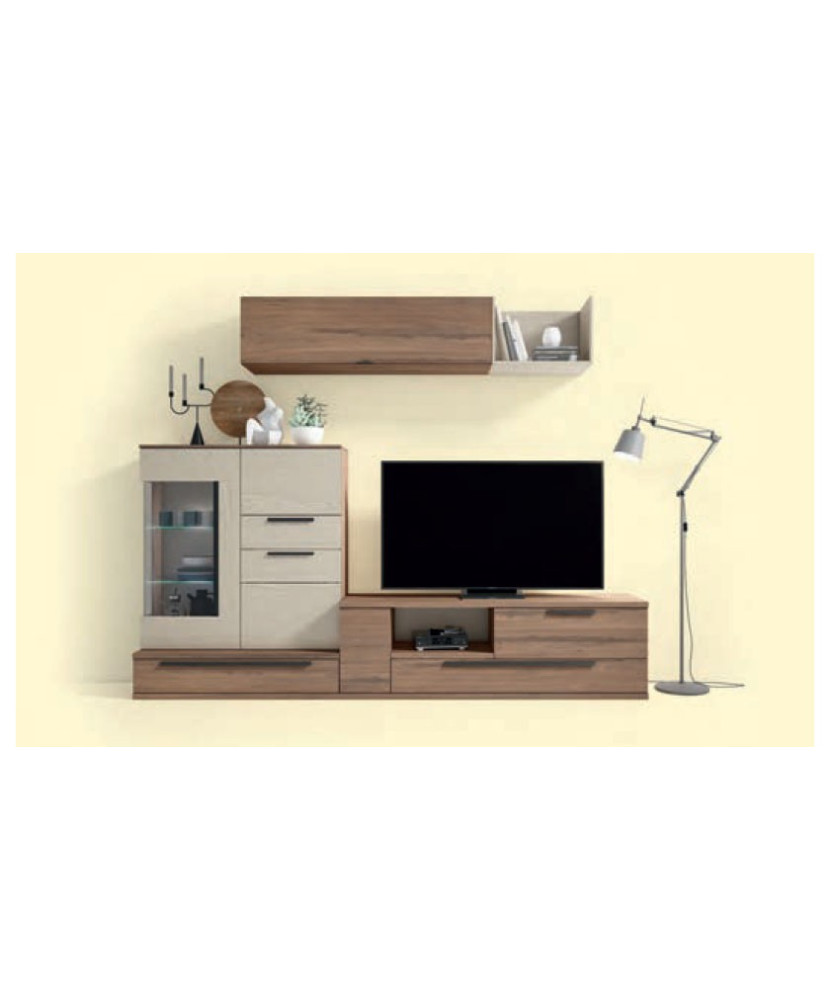 Mueble de comedor con estantería y vitrina en color madera marrón noce