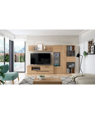 Mueble de comedor con estantería y tres vitrinas en color madera natural