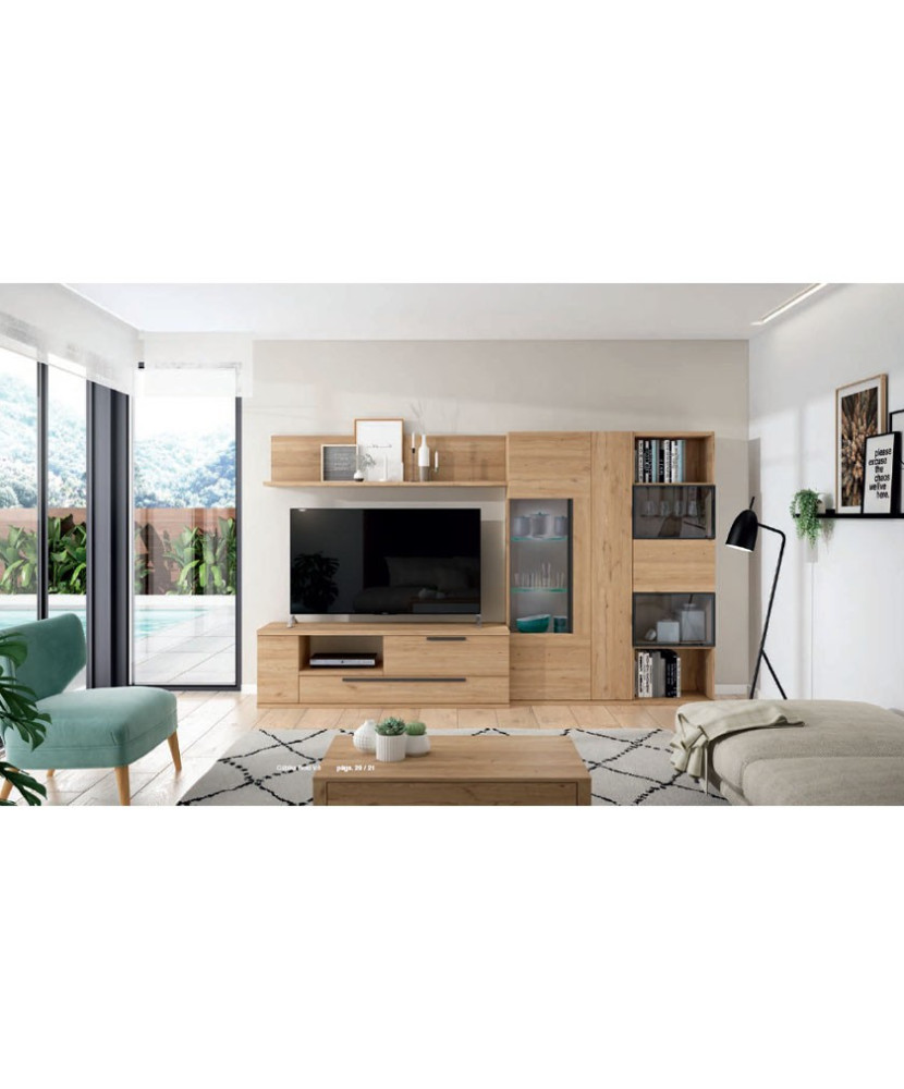 Mueble de comedor con estantería y tres vitrinas en color madera natural