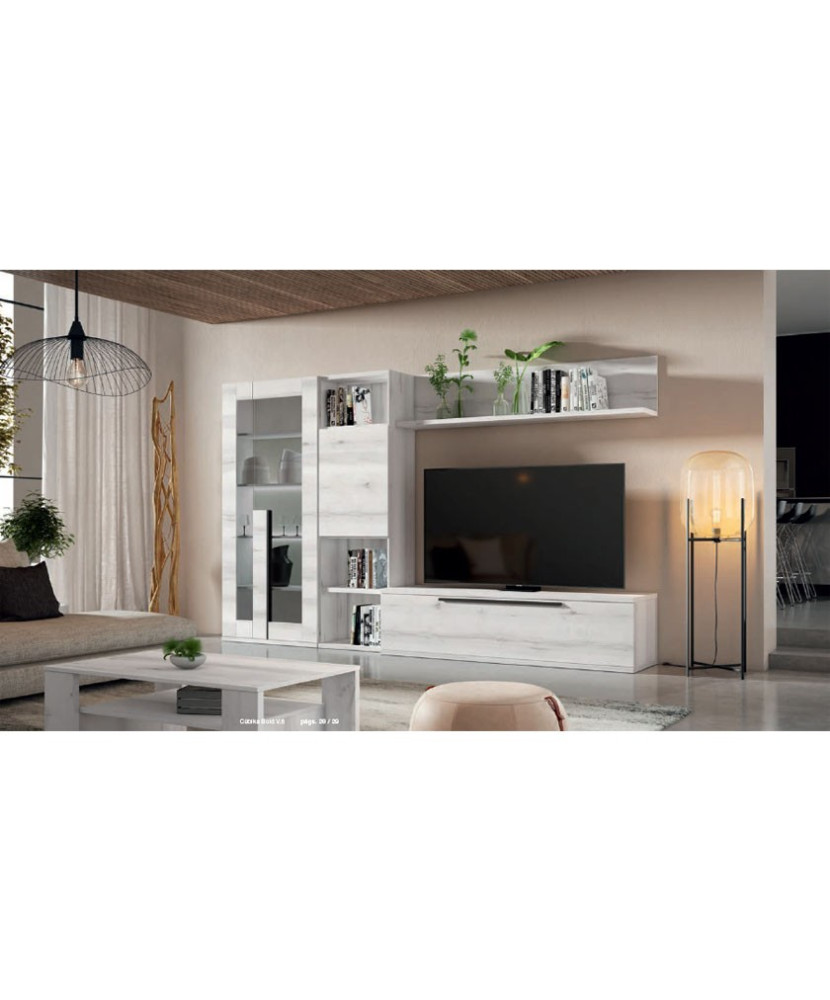 Mueble de comedor con vitrina doble y estanterías en color madera blanca albo