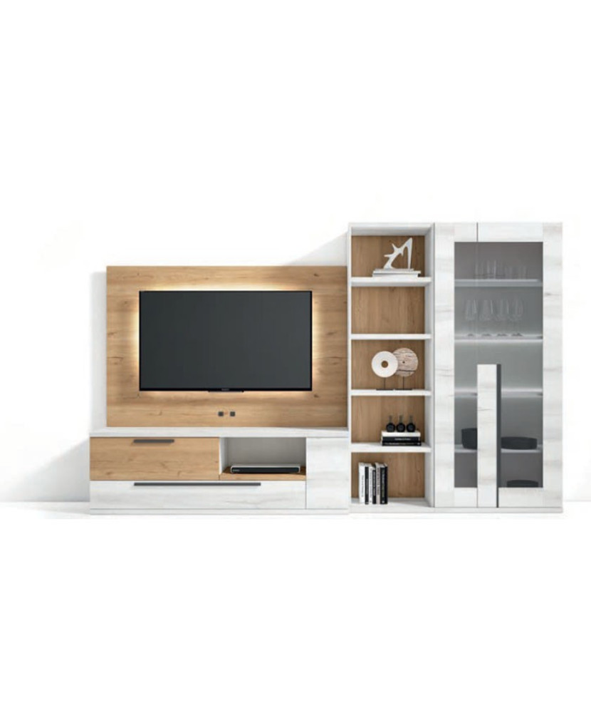 Mueble de comedor con vitrina doble y estanterías en color madera nude lava