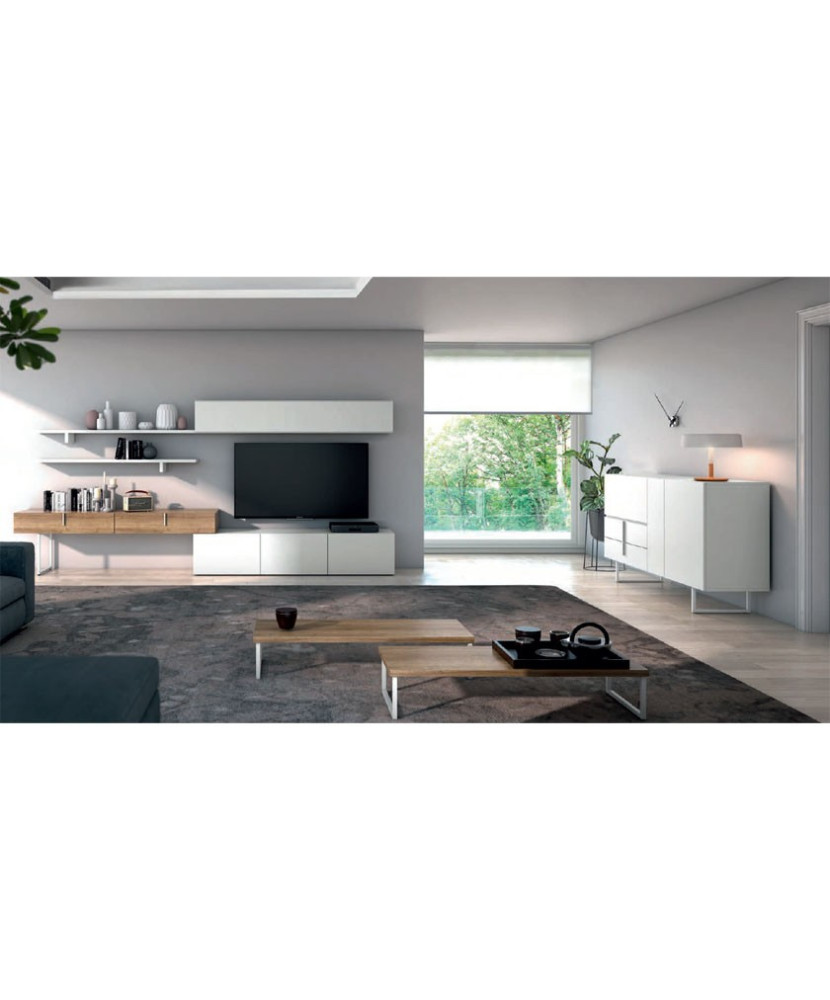 Mueble de TV con estanterías y un armario auxiliar en color madera blanca