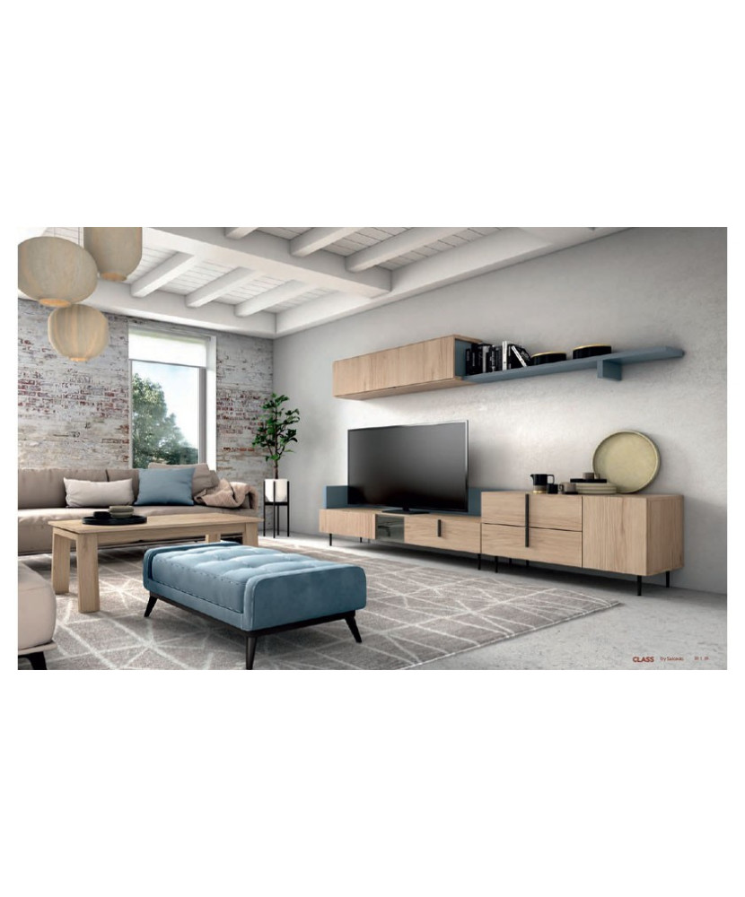 Mueble de TV  con estantería y cajones en color madera natural