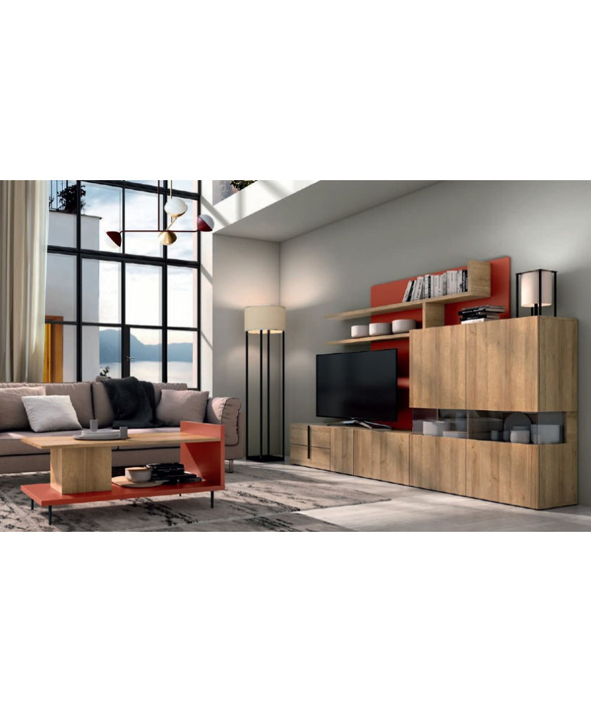 Mueble de TV con estantería y cajones en color madera natural