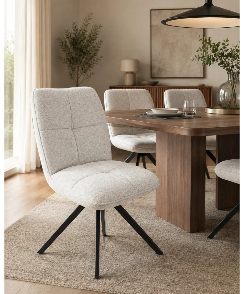 Silla de comedor tapizada beige acolchada con patas metálicas negras