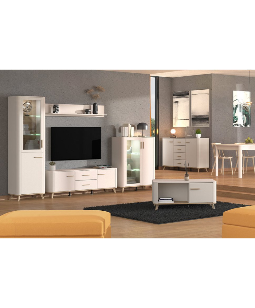 Salón moderno blanco modelo Wendy con vitrinas, mueble TV y almacenaje, estilo contemporáneo