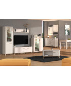 Salón moderno blanco modelo Wendy con vitrinas, mueble TV y almacenaje, estilo contemporáneo
