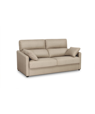 Sofá cama sistema italiano beige claro con colchón 140x190 cm, respaldos abatibles y cojines decorativos