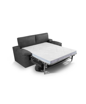 Sofá cama sistema italiano gris antracita con colchón blanco 140x190 cm, abierto mostrando mecanismo de apertura