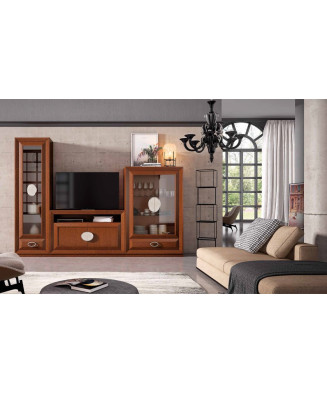 Composición de muebles de salón con dos vitrinas y cajones