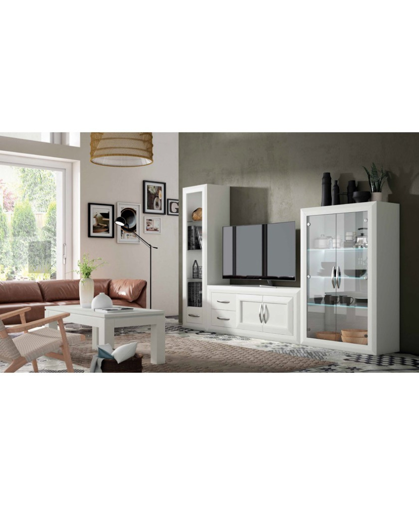 Mueble de salón completo con dos vitrinas en madera blanca