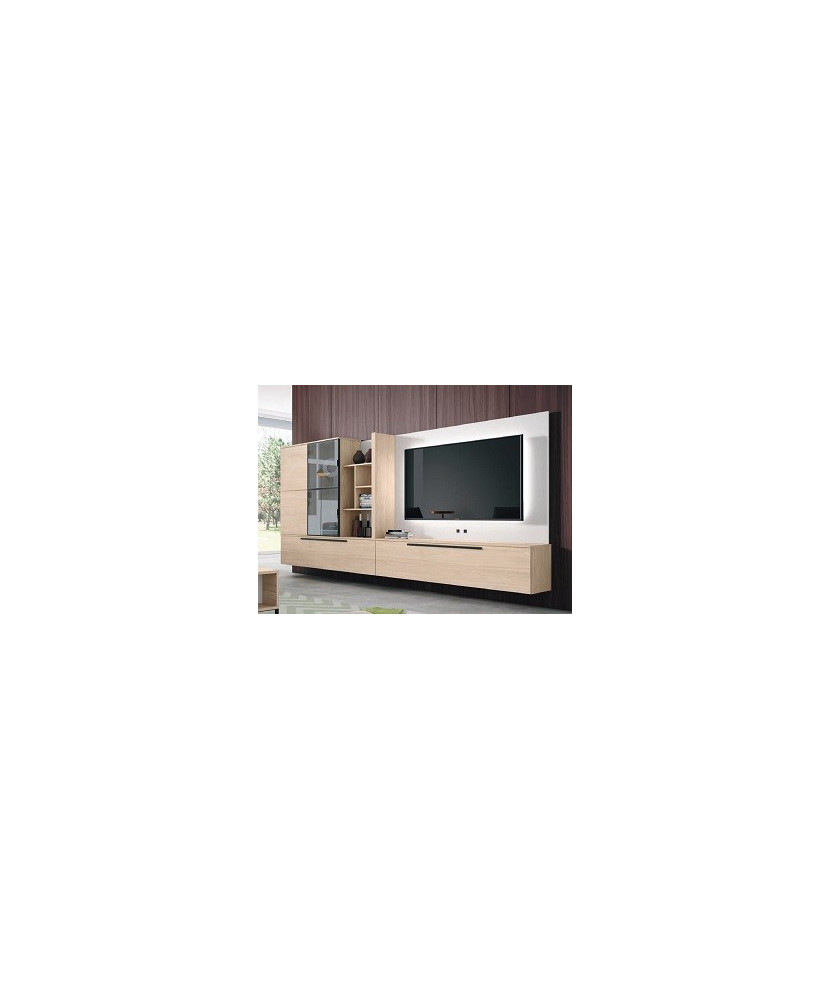 Salón en blanco mate y nude panel TV iluminado