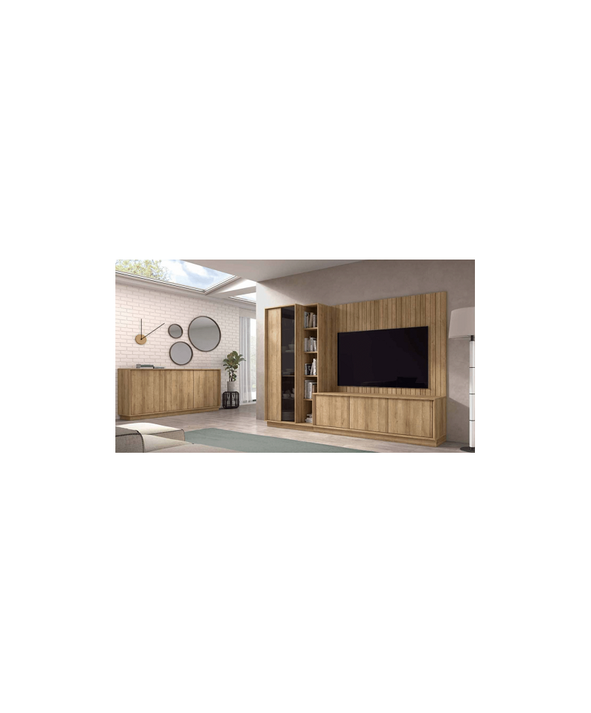 Mueble de salón con panel trasero de listones