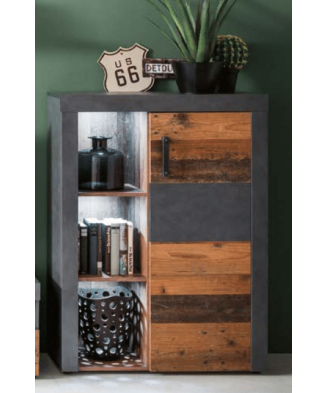 Muebles modulares de salón en madera envejecida y cemento