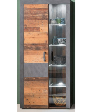 Muebles modulares de salón en madera envejecida y cemento