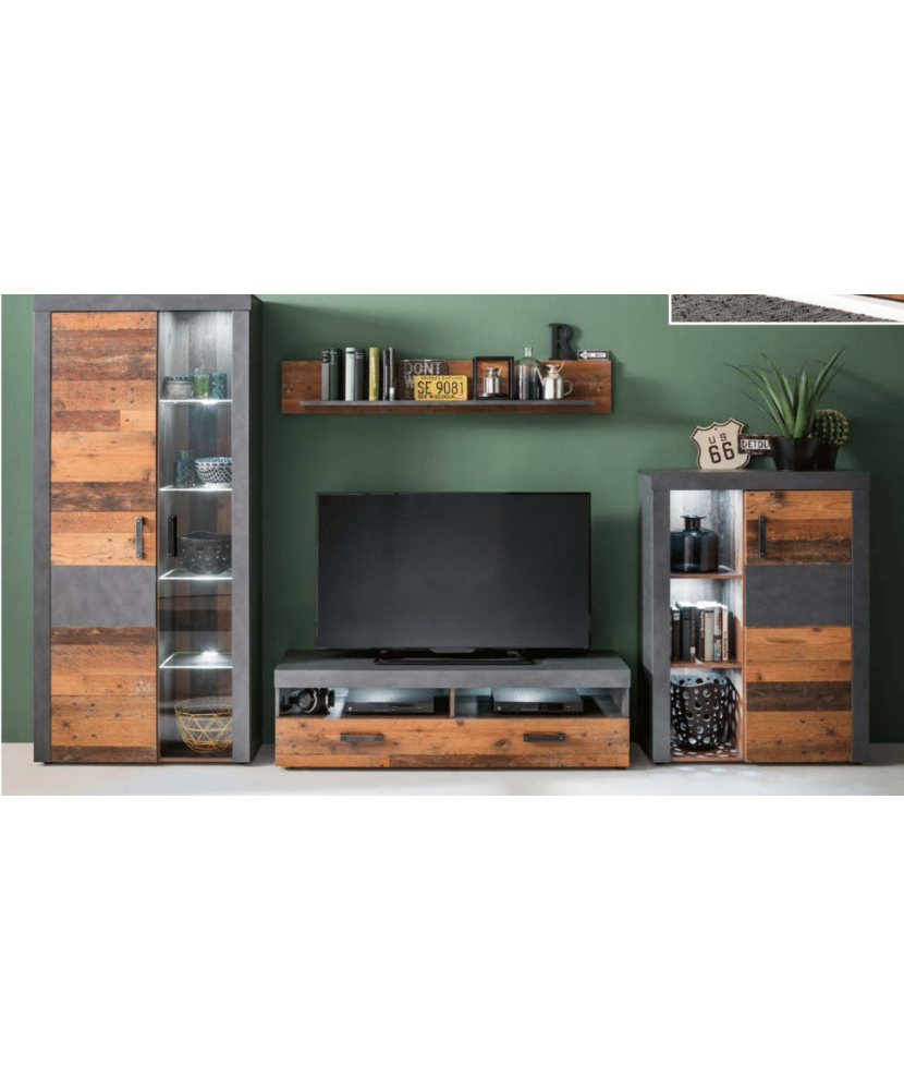 Muebles modulares de salón en madera envejecida y cemento