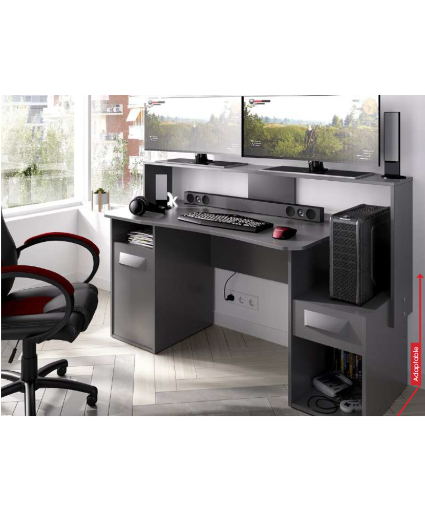 Mesa de Gaming en Color Grafito con Estante Elevado
