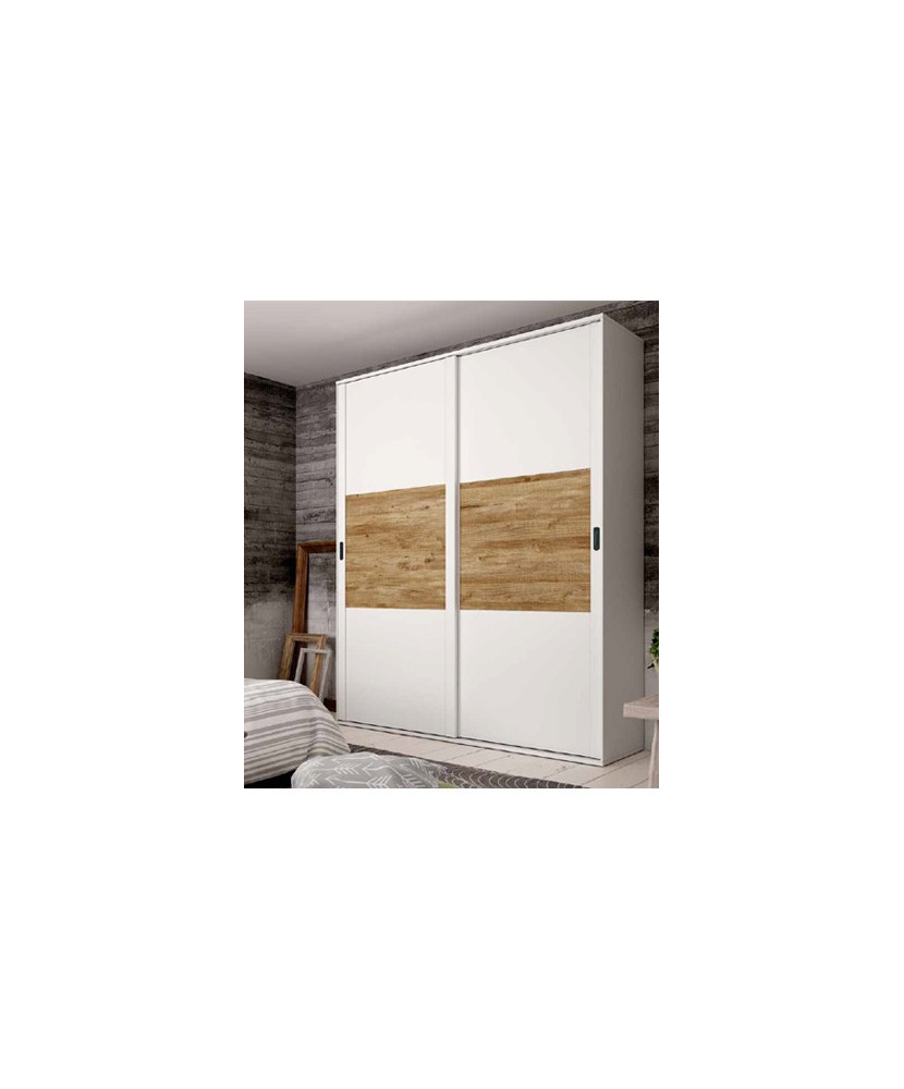 Armario de 200cm con dos puertas correderas en madera blanca con acabados en madera color mango