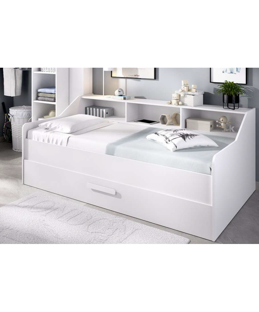 Cama Compacta en Blanco con Cajón y Estantes