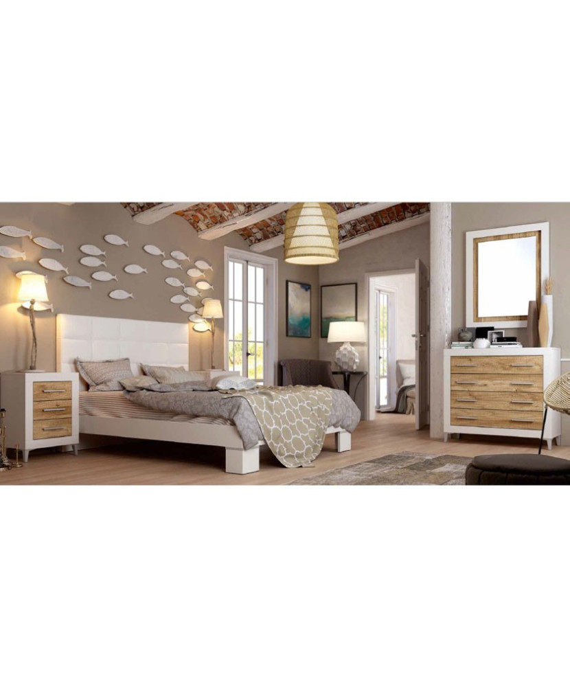 Dormitorio completo en polipiel blanco con acabado en madera mango